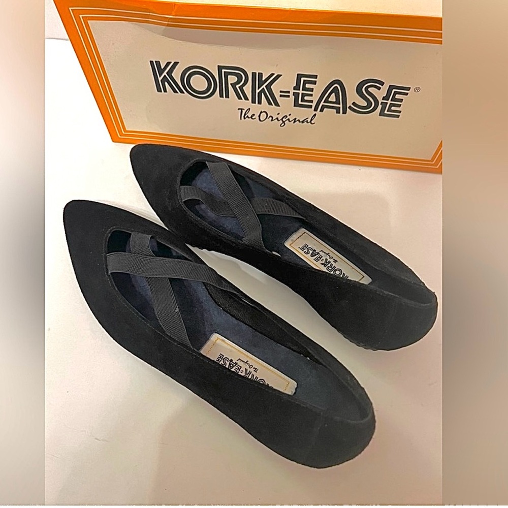 VTG Kork-Ease Deadstock Black Suede Ballet Flats Cross Straps 8.5M
